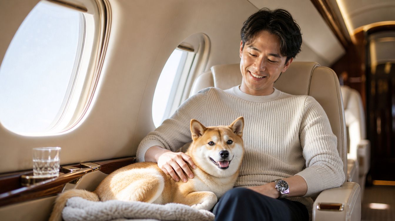 主人喺私人飛機機艙內抱住金毛尋回犬同貓咪，毛孩全程喺視線內